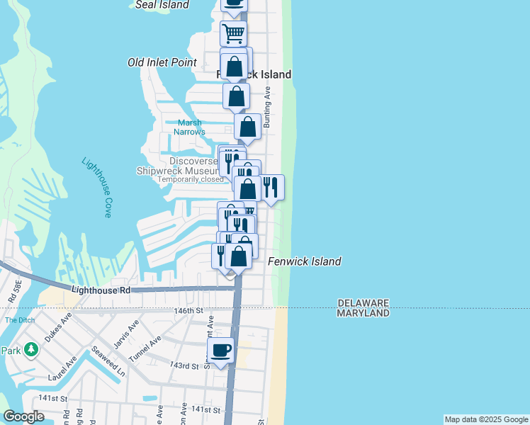 map of restaurants, bars, coffee shops, grocery stores, and more near 40145 West South Carolina Avenue in Fenwick Island