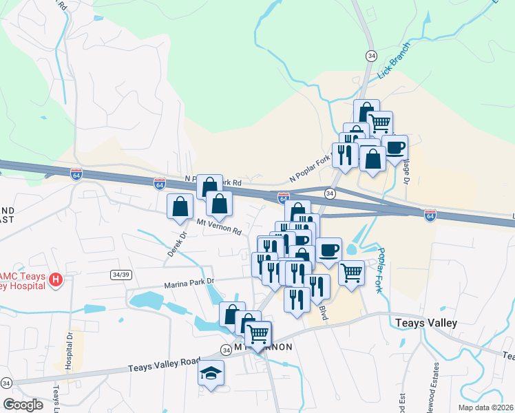 map of restaurants, bars, coffee shops, grocery stores, and more near 136 Mount Vernon Lane in Hurricane