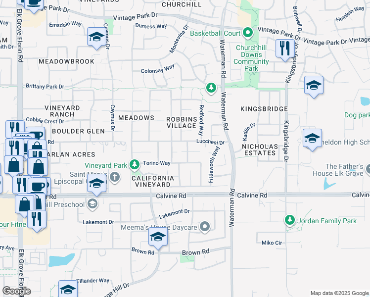 map of restaurants, bars, coffee shops, grocery stores, and more near 9209 Rosecut Court in Sacramento