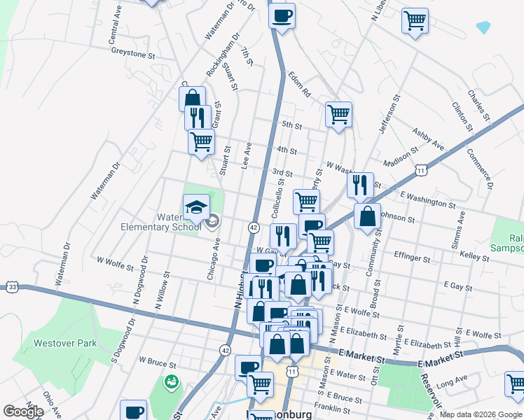 map of restaurants, bars, coffee shops, grocery stores, and more near 511 Virginia Avenue in Harrisonburg