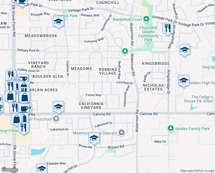 map of restaurants, bars, coffee shops, grocery stores, and more near 9201 Rosecut Court in Sacramento