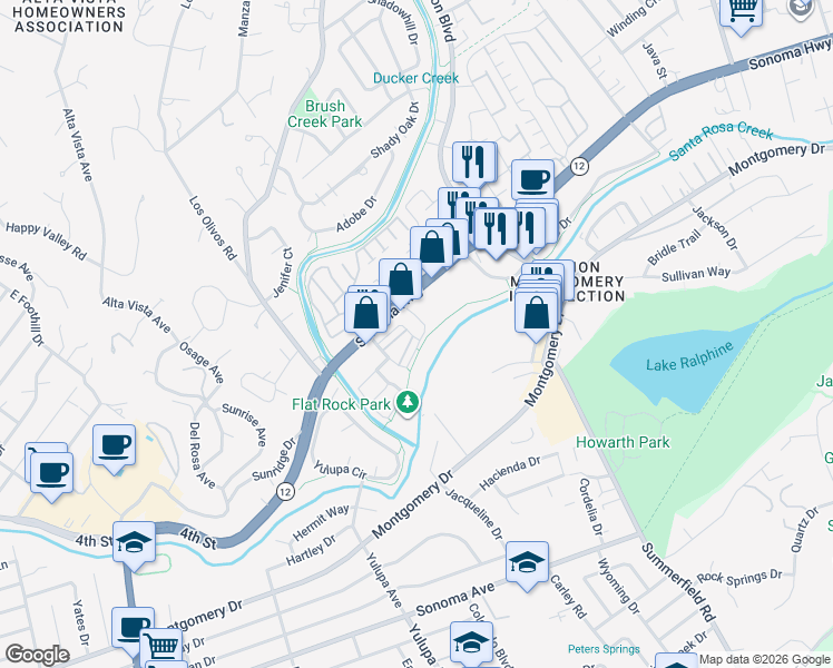 map of restaurants, bars, coffee shops, grocery stores, and more near 4238 Streamside Drive in Santa Rosa