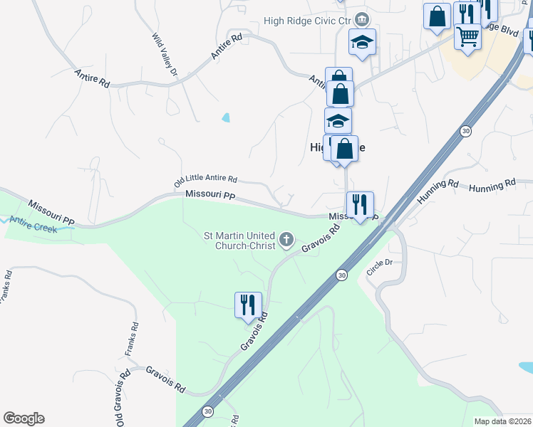 map of restaurants, bars, coffee shops, grocery stores, and more near 5750-5898 PP in High Ridge