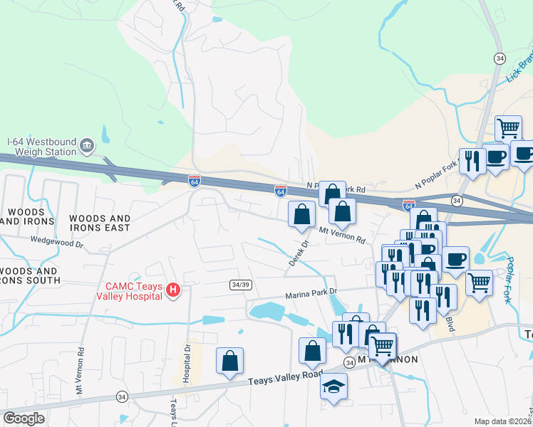 map of restaurants, bars, coffee shops, grocery stores, and more near 1148 County Route 34/14 in Hurricane