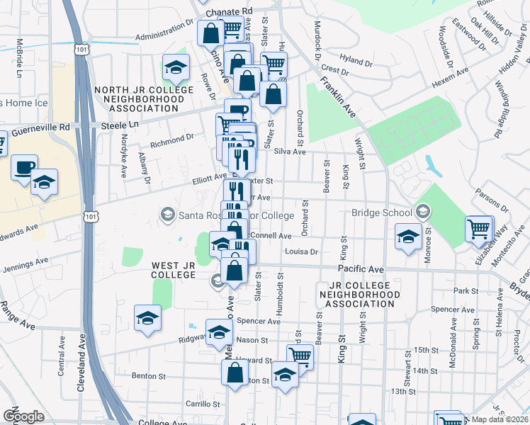 map of restaurants, bars, coffee shops, grocery stores, and more near 1646 Slater Street in Santa Rosa