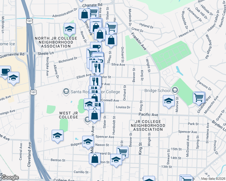 map of restaurants, bars, coffee shops, grocery stores, and more near 1617 Humboldt Street in Santa Rosa