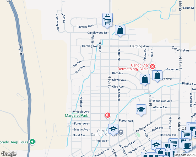 map of restaurants, bars, coffee shops, grocery stores, and more near 727 Clover Avenue in Cañon City