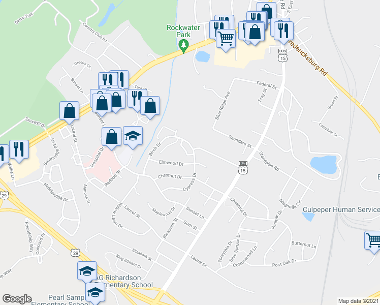 map of restaurants, bars, coffee shops, grocery stores, and more near 1752 Cypress Drive in Culpeper