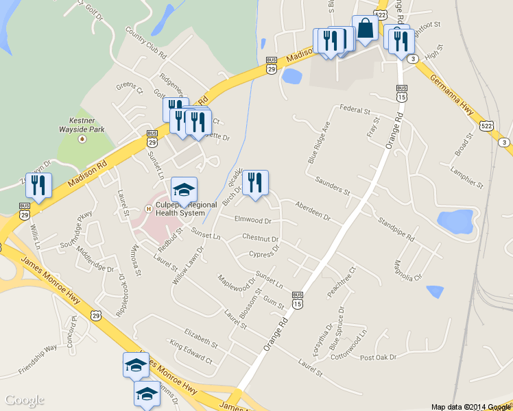 map of restaurants, bars, coffee shops, grocery stores, and more near 398 Elmwood Drive in Culpeper