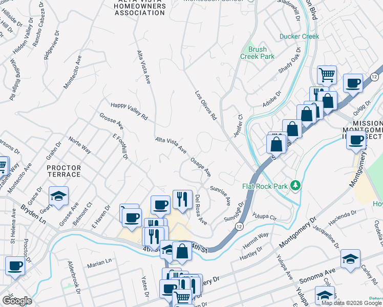 map of restaurants, bars, coffee shops, grocery stores, and more near 1610 Alta Vista Avenue in Santa Rosa