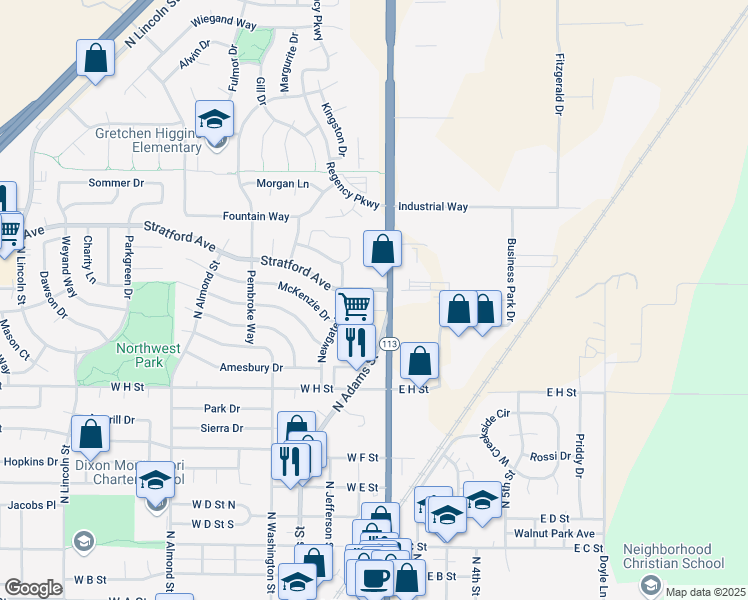 map of restaurants, bars, coffee shops, grocery stores, and more near 1075 North 1st Street in Dixon