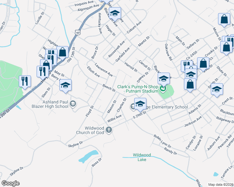 map of restaurants, bars, coffee shops, grocery stores, and more near 3100 McClelland Street in Ashland