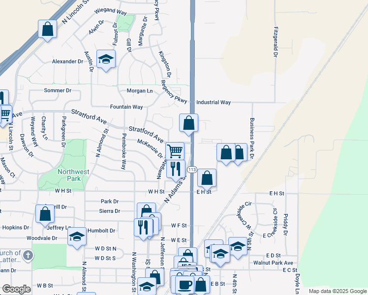 map of restaurants, bars, coffee shops, grocery stores, and more near 1075 North 1st Street in Dixon