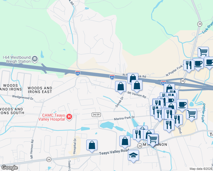 map of restaurants, bars, coffee shops, grocery stores, and more near 1148 County Route 34/14 in Hurricane