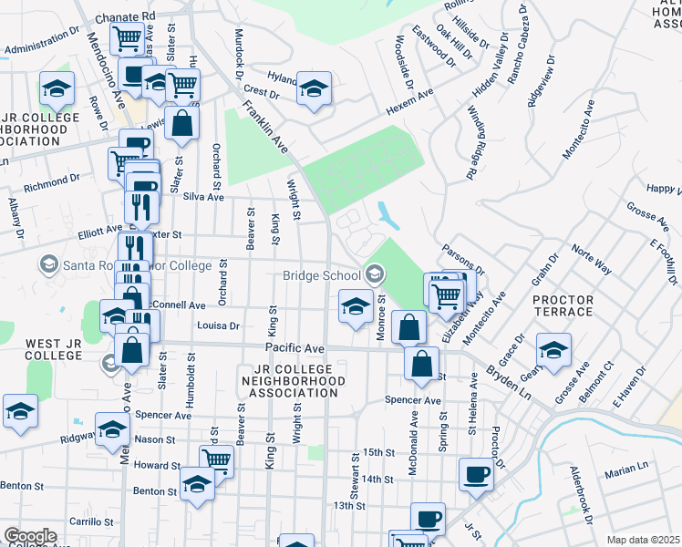 map of restaurants, bars, coffee shops, grocery stores, and more near 1224 Carr Avenue in Santa Rosa