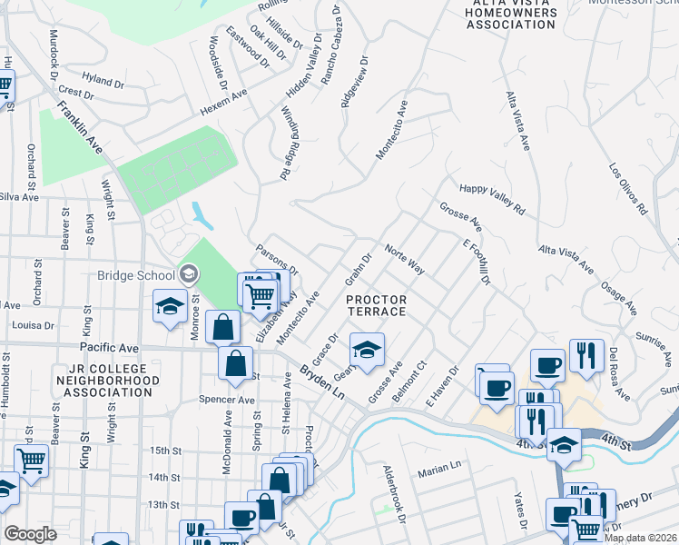 map of restaurants, bars, coffee shops, grocery stores, and more near 2147 Grahn Drive in Santa Rosa