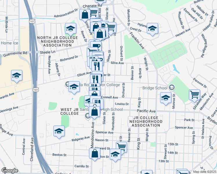 map of restaurants, bars, coffee shops, grocery stores, and more near 1585 Humboldt Street in Santa Rosa