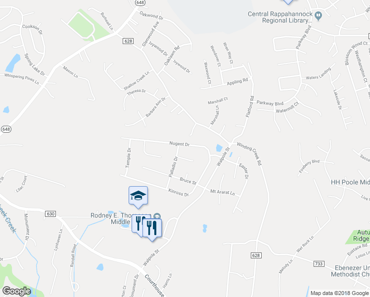 map of restaurants, bars, coffee shops, grocery stores, and more near 29 Nugent Drive in Stafford