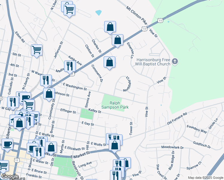 map of restaurants, bars, coffee shops, grocery stores, and more near 700 Northfield Court in Harrisonburg
