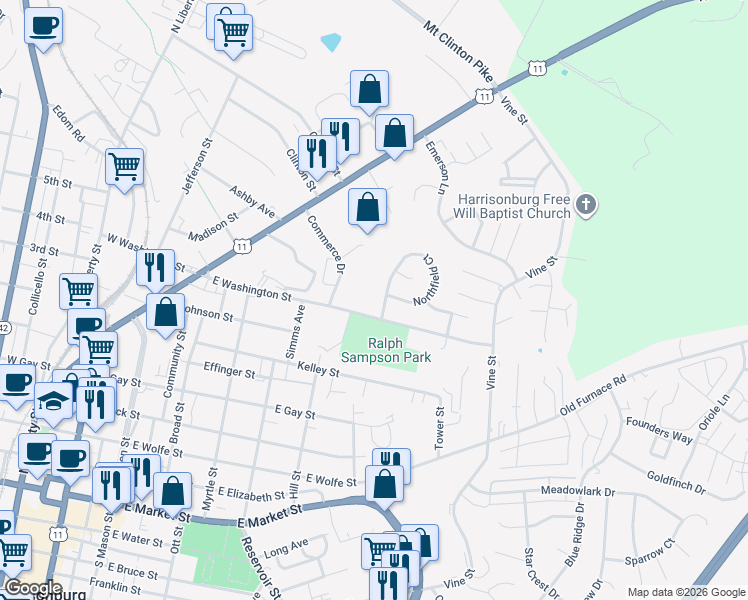 map of restaurants, bars, coffee shops, grocery stores, and more near 700 Northfield Court in Harrisonburg