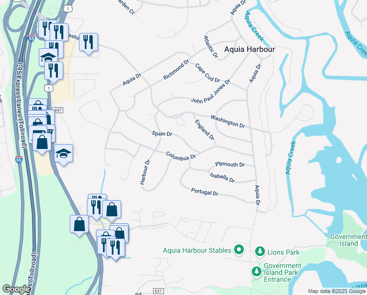 map of restaurants, bars, coffee shops, grocery stores, and more near 1113 Spain Drive in Stafford