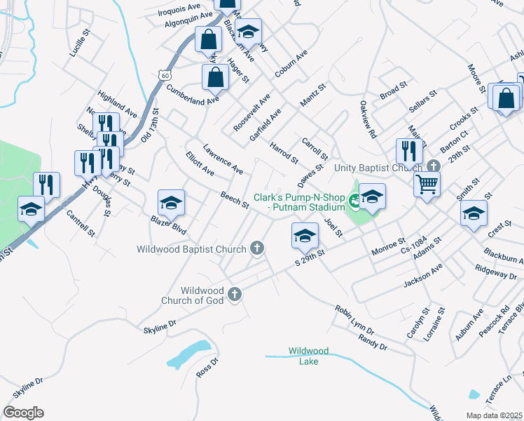 map of restaurants, bars, coffee shops, grocery stores, and more near 2322 Beech Street in Ashland