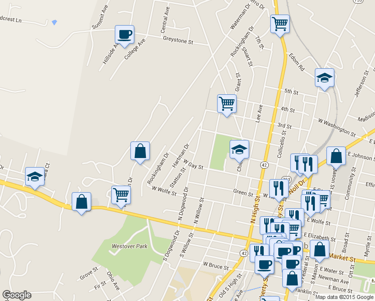map of restaurants, bars, coffee shops, grocery stores, and more near 470 Hartman Drive in Harrisonburg