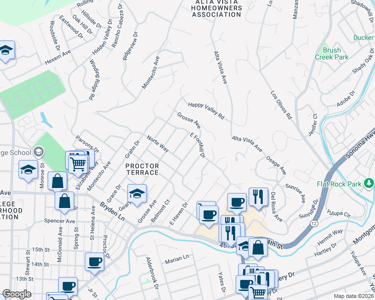 map of restaurants, bars, coffee shops, grocery stores, and more near 2439 Grosse Avenue in Santa Rosa