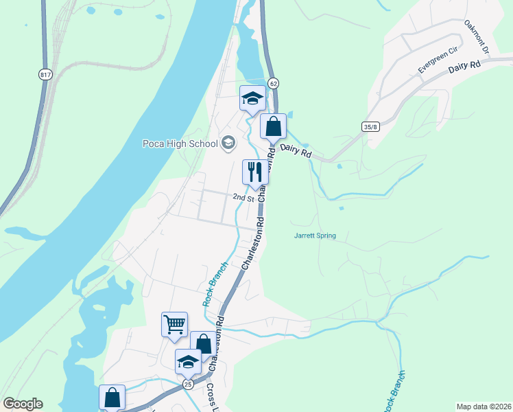 map of restaurants, bars, coffee shops, grocery stores, and more near 1493 Charleston Rd in Poca