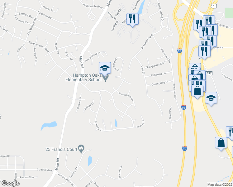 map of restaurants, bars, coffee shops, grocery stores, and more near 266 Greenspring Drive in Stafford