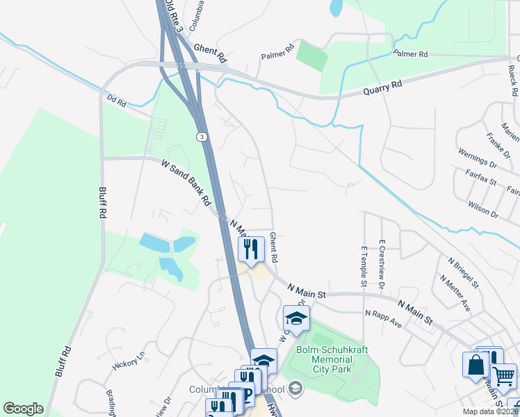 map of restaurants, bars, coffee shops, grocery stores, and more near 1550 North Main Street in Columbia