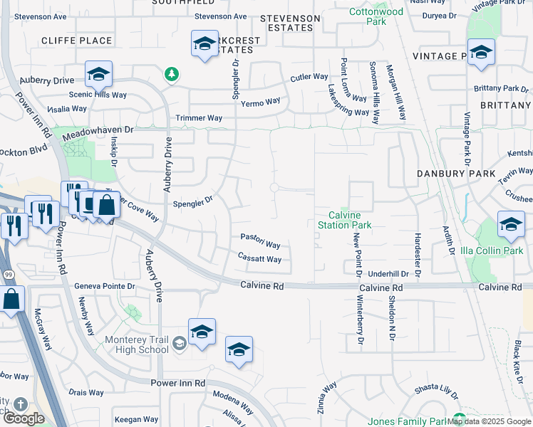 map of restaurants, bars, coffee shops, grocery stores, and more near 8424 Baretta Court in Sacramento