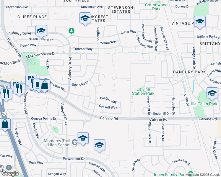 map of restaurants, bars, coffee shops, grocery stores, and more near 8424 Baretta Court in Sacramento