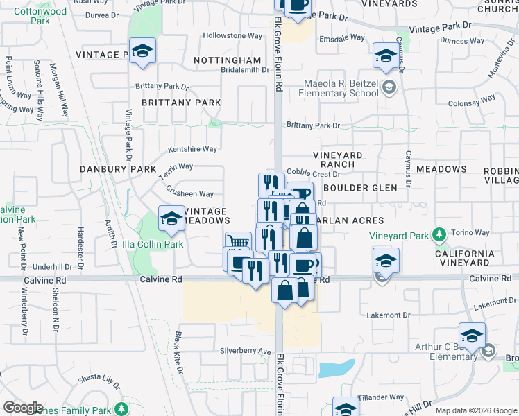 map of restaurants, bars, coffee shops, grocery stores, and more near 8312 Elk Grove Florin Road in Sacramento
