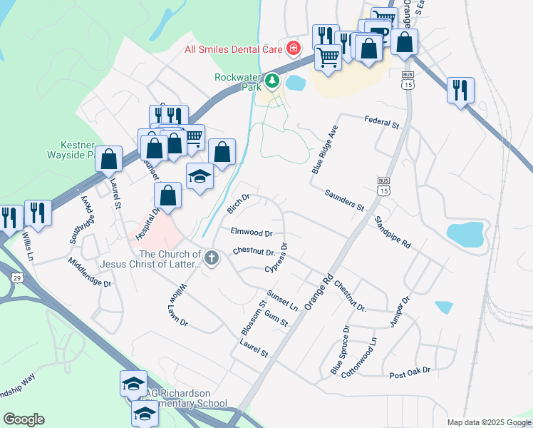 map of restaurants, bars, coffee shops, grocery stores, and more near 1768 Birch Drive in Culpeper