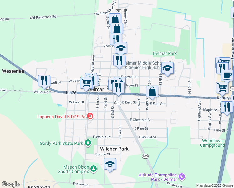 map of restaurants, bars, coffee shops, grocery stores, and more near in Delmar