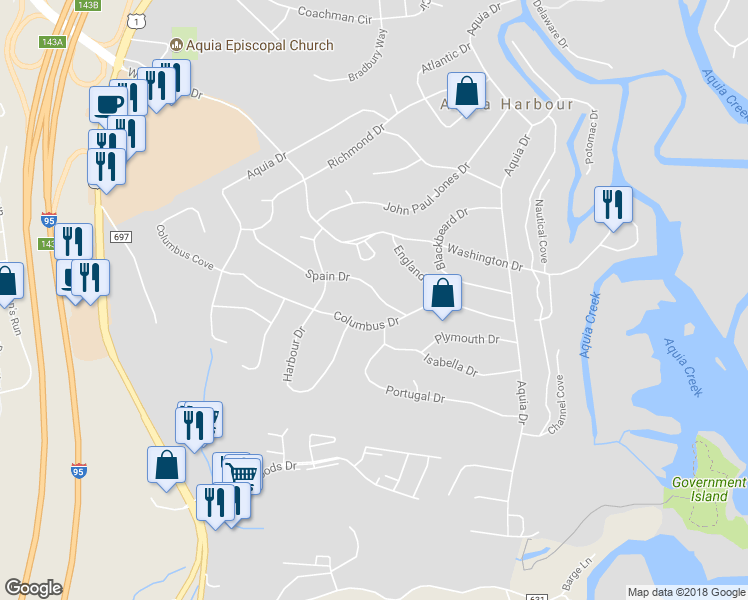 map of restaurants, bars, coffee shops, grocery stores, and more near 1113 Spain Drive in Stafford