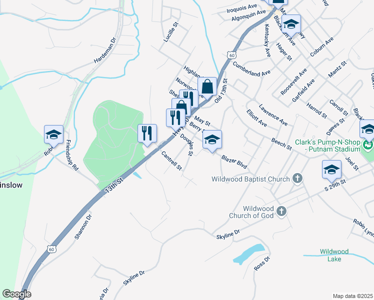 map of restaurants, bars, coffee shops, grocery stores, and more near 3433 Douglas Street in Ashland