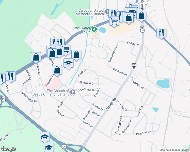 map of restaurants, bars, coffee shops, grocery stores, and more near 1744 Cypress Drive in Culpeper