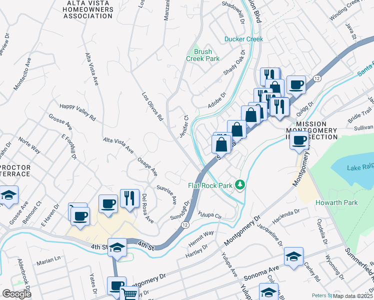 map of restaurants, bars, coffee shops, grocery stores, and more near 101 Massimo Circle in Santa Rosa
