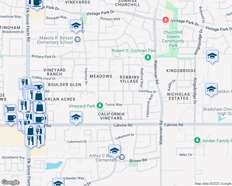 map of restaurants, bars, coffee shops, grocery stores, and more near 9156 Lucchesi Drive in Sacramento