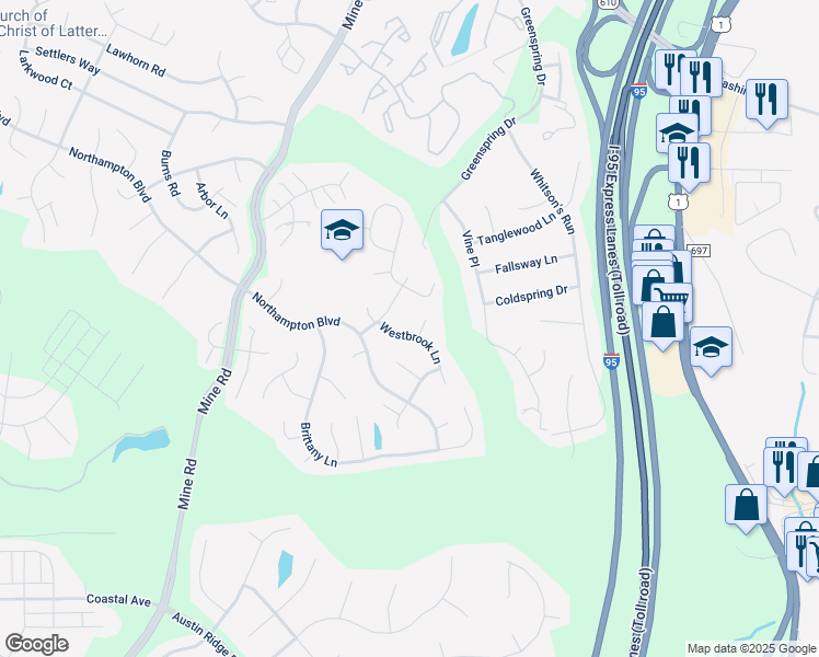 map of restaurants, bars, coffee shops, grocery stores, and more near 7 Westbrook Lane in Stafford
