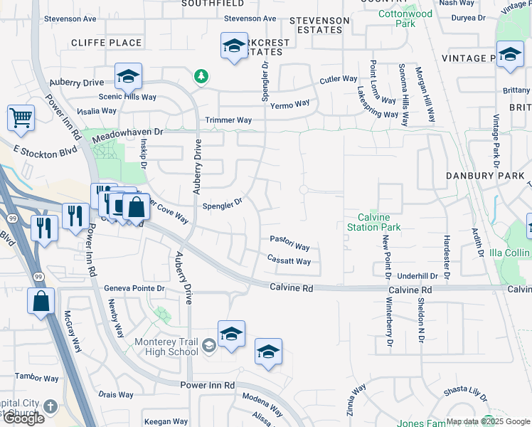 map of restaurants, bars, coffee shops, grocery stores, and more near 8400 Baretta Court in Sacramento