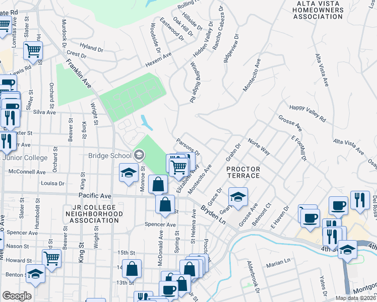 map of restaurants, bars, coffee shops, grocery stores, and more near 1660 Terrace Way in Santa Rosa