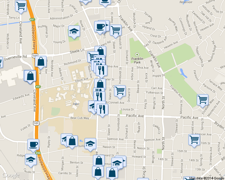 map of restaurants, bars, coffee shops, grocery stores, and more near 1585 Humboldt Street in Santa Rosa