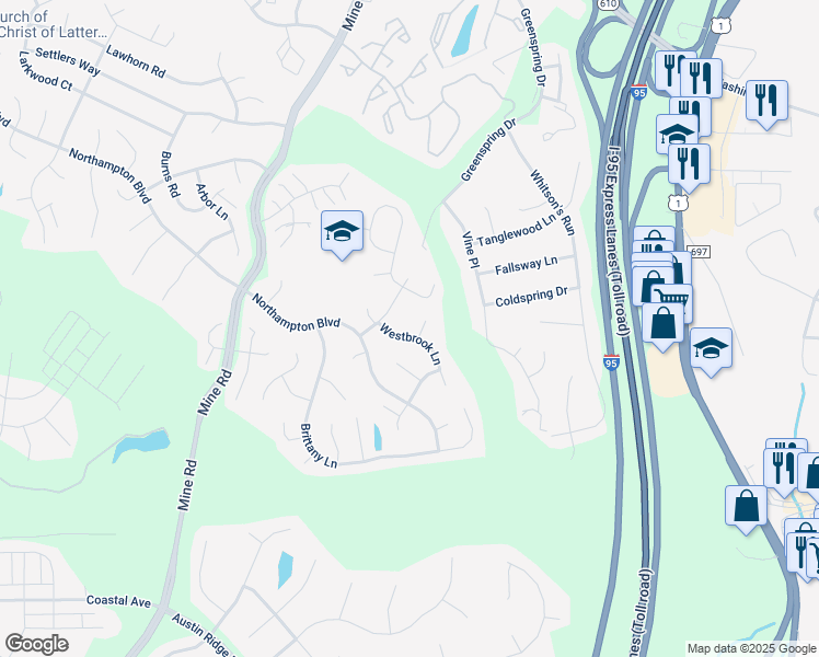 map of restaurants, bars, coffee shops, grocery stores, and more near 7 Westbrook Lane in Stafford