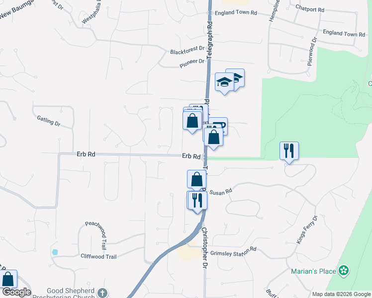 map of restaurants, bars, coffee shops, grocery stores, and more near 6044 Glennaire Drive in St. Louis