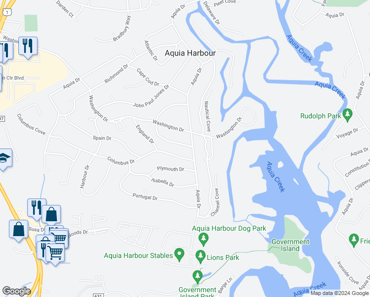 map of restaurants, bars, coffee shops, grocery stores, and more near 1002 Blackbeard Drive in Stafford