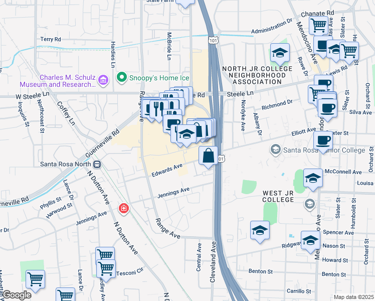 map of restaurants, bars, coffee shops, grocery stores, and more near 1150 Coddingtown Center in Santa Rosa
