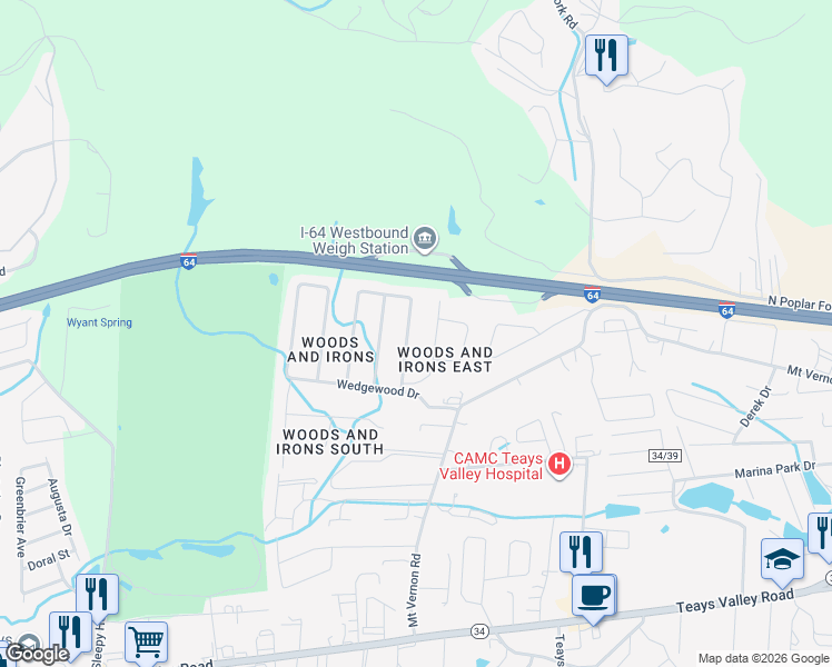 map of restaurants, bars, coffee shops, grocery stores, and more near 111-118 Willowood Circle in Hurricane